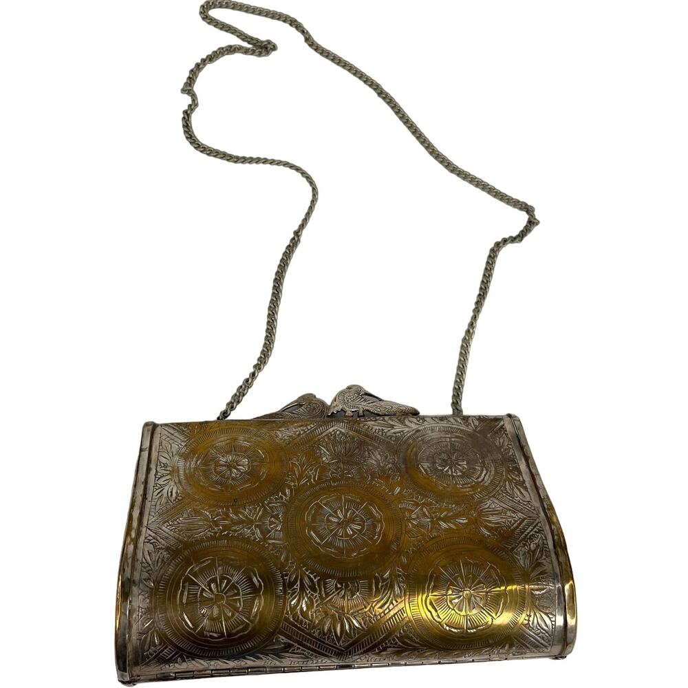 Vintage Peacock Flower Engraved Brass Pillow Purse Chain Strap 7" x 4.5"